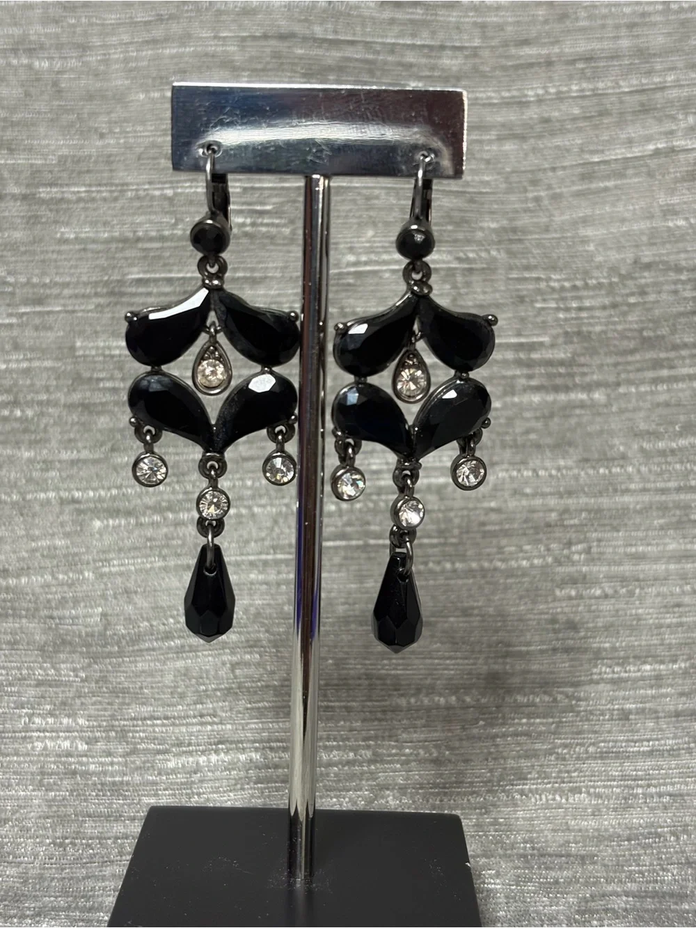 Black Faceted Glass Chandelier Dangle Drop Earrings Art Deco Style Statement